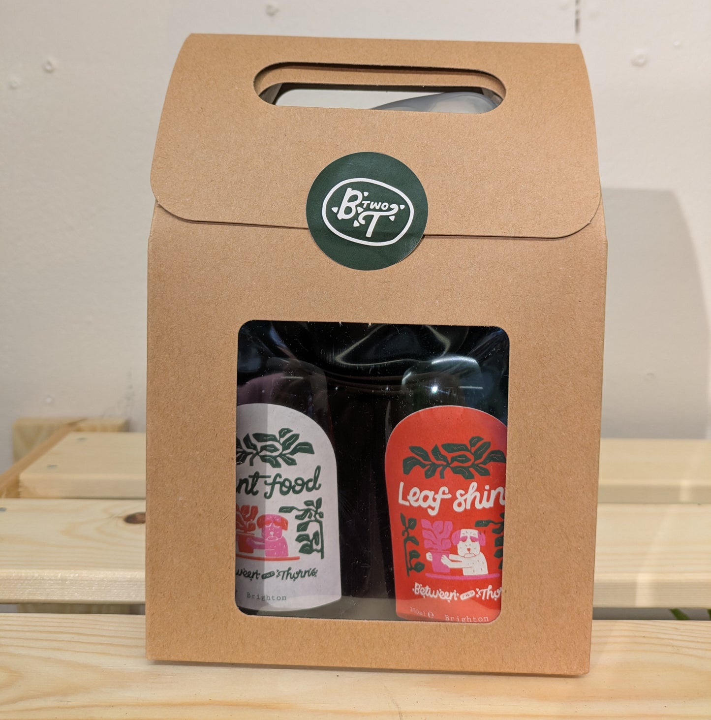 The image shows a brown box with an open front showing a green plastic spray bottle with “Leaf Shine” and a screw top bottle with “Plant Food” on it.