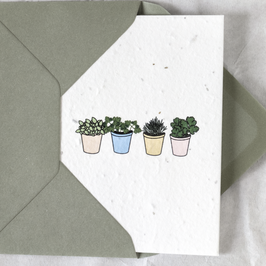 Eco-Friendly Kitchen Herb Pots Greetings Card on Biodegradable Paper